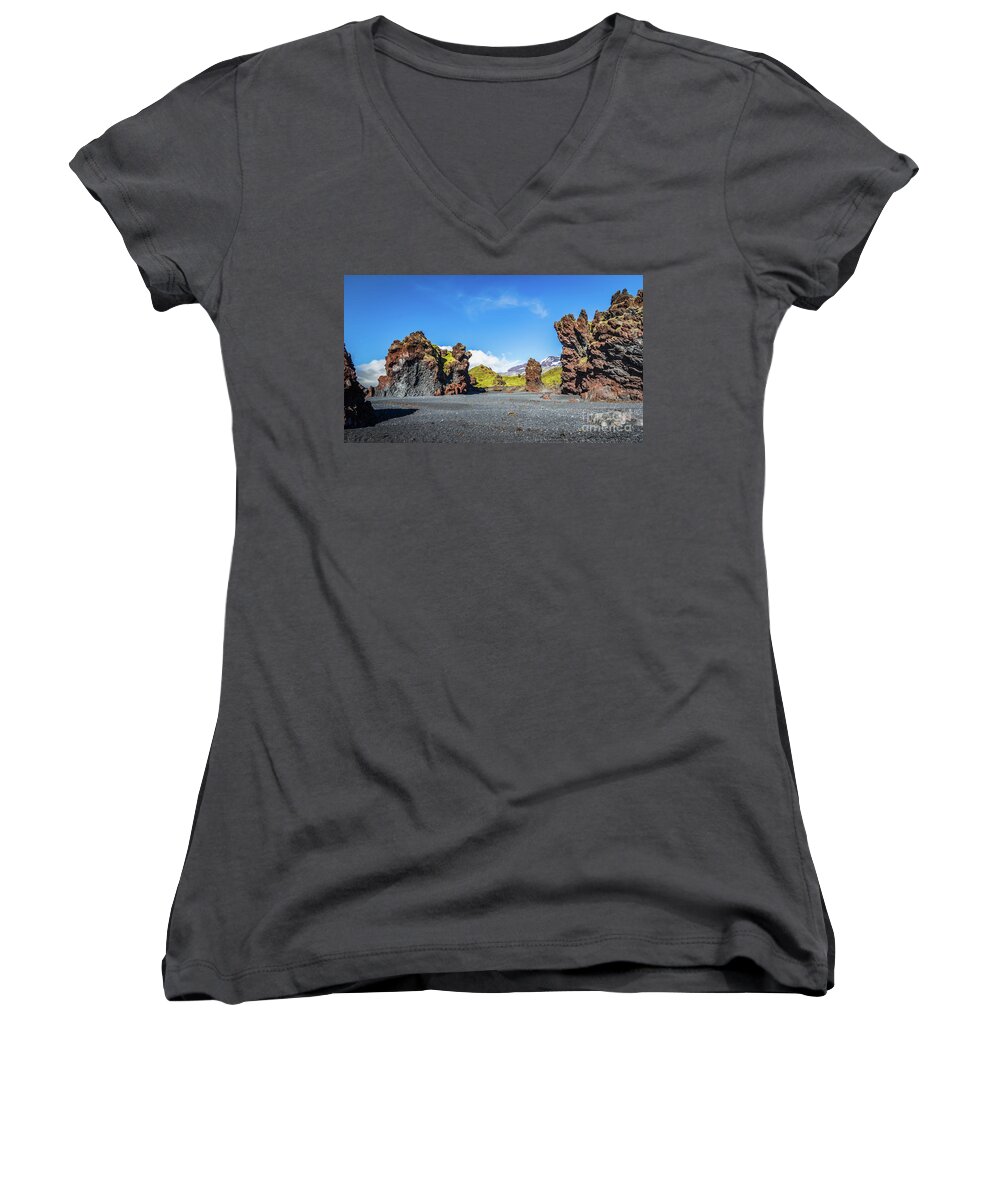 Lava Women's V-Neck featuring the photograph Djupalonssandur beach, Iceland by Lyl Dil Creations
