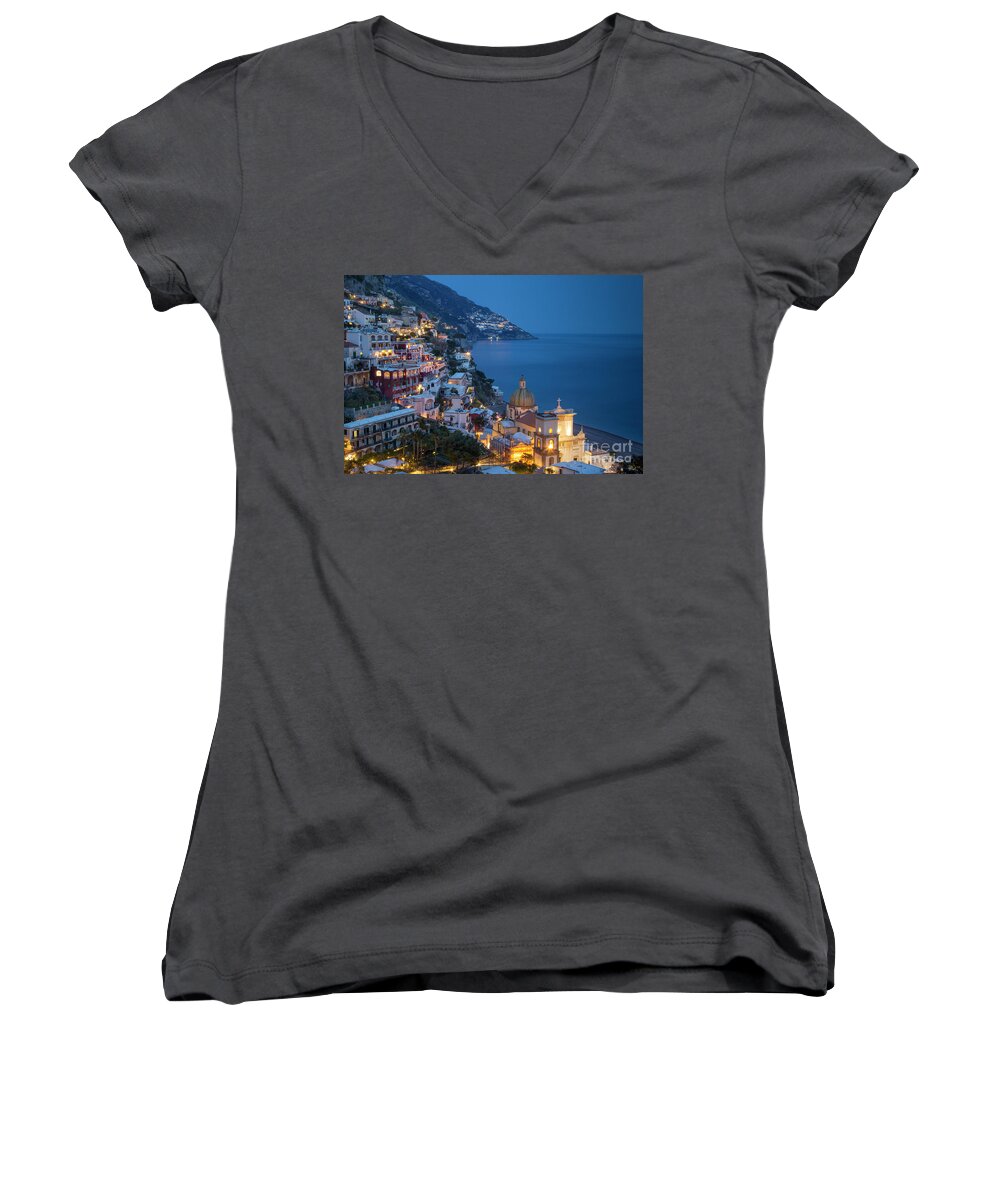 Amalfi Coast Women's V-Neck featuring the photograph Positano Twilight by Brian Jannsen