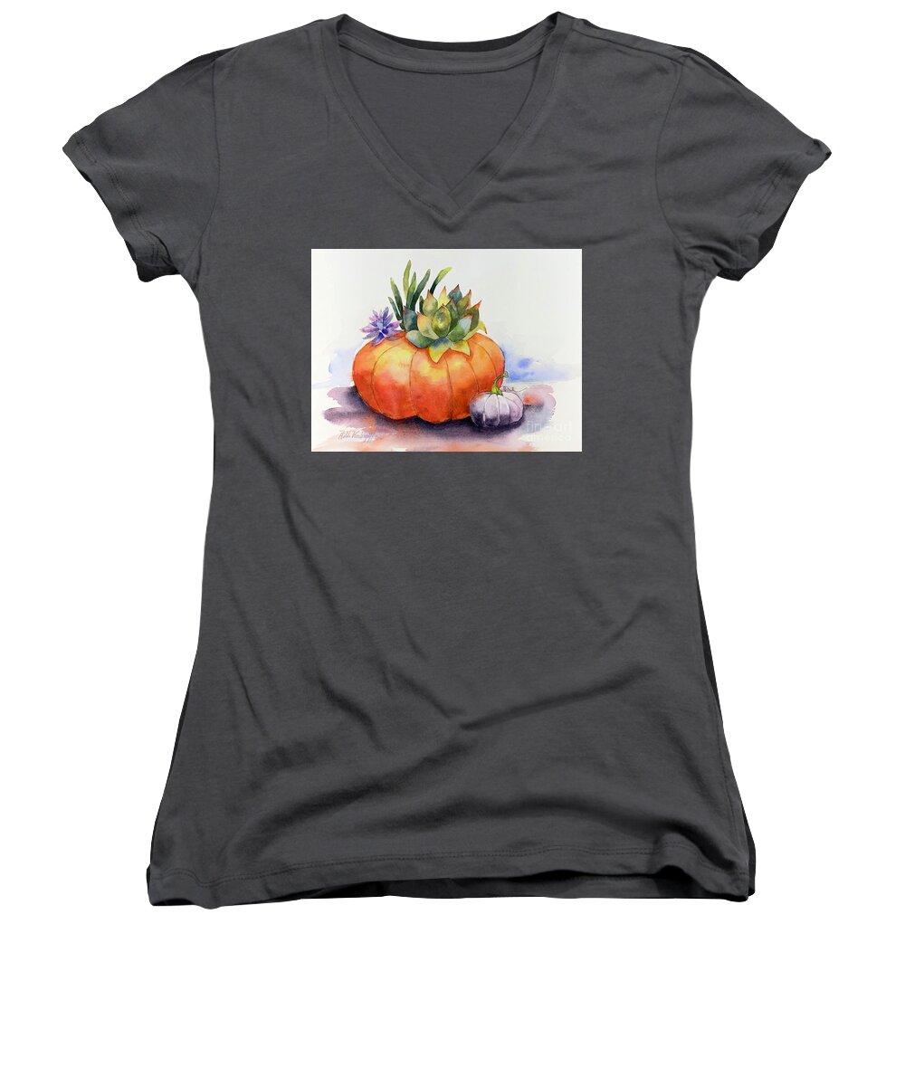 Pumpkin Women's V-Neck featuring the painting Succulents in Pumpkin by Hilda Vandergriff
