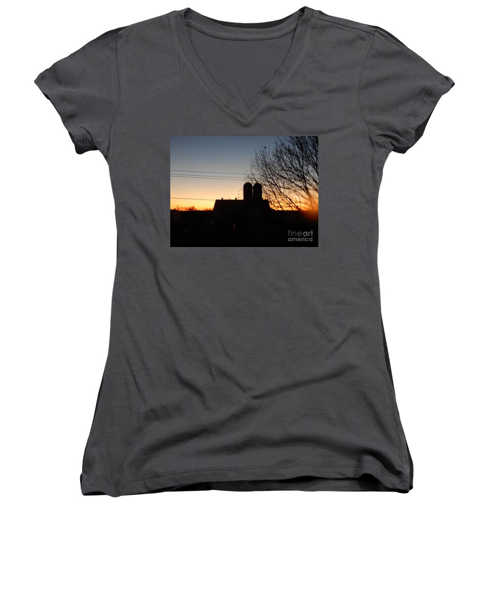 Amish Women's V-Neck featuring the photograph Sunset Over The Barn #1 by Christine Clark