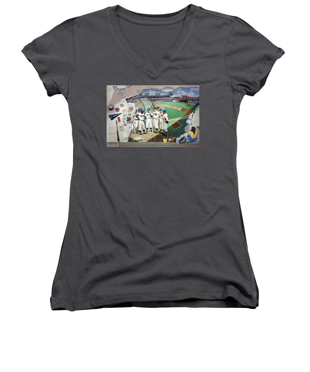 Baseball Women's V-Neck featuring the painting The Brooklyn Dodgers in Ebbets Field #1 by Bonnie Siracusa