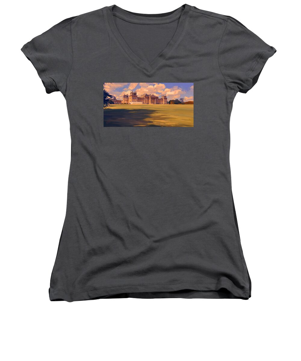 Blenheim Women's V-Neck featuring the digital art The white party tent along Blenheim Palace #1 by Nop Briex