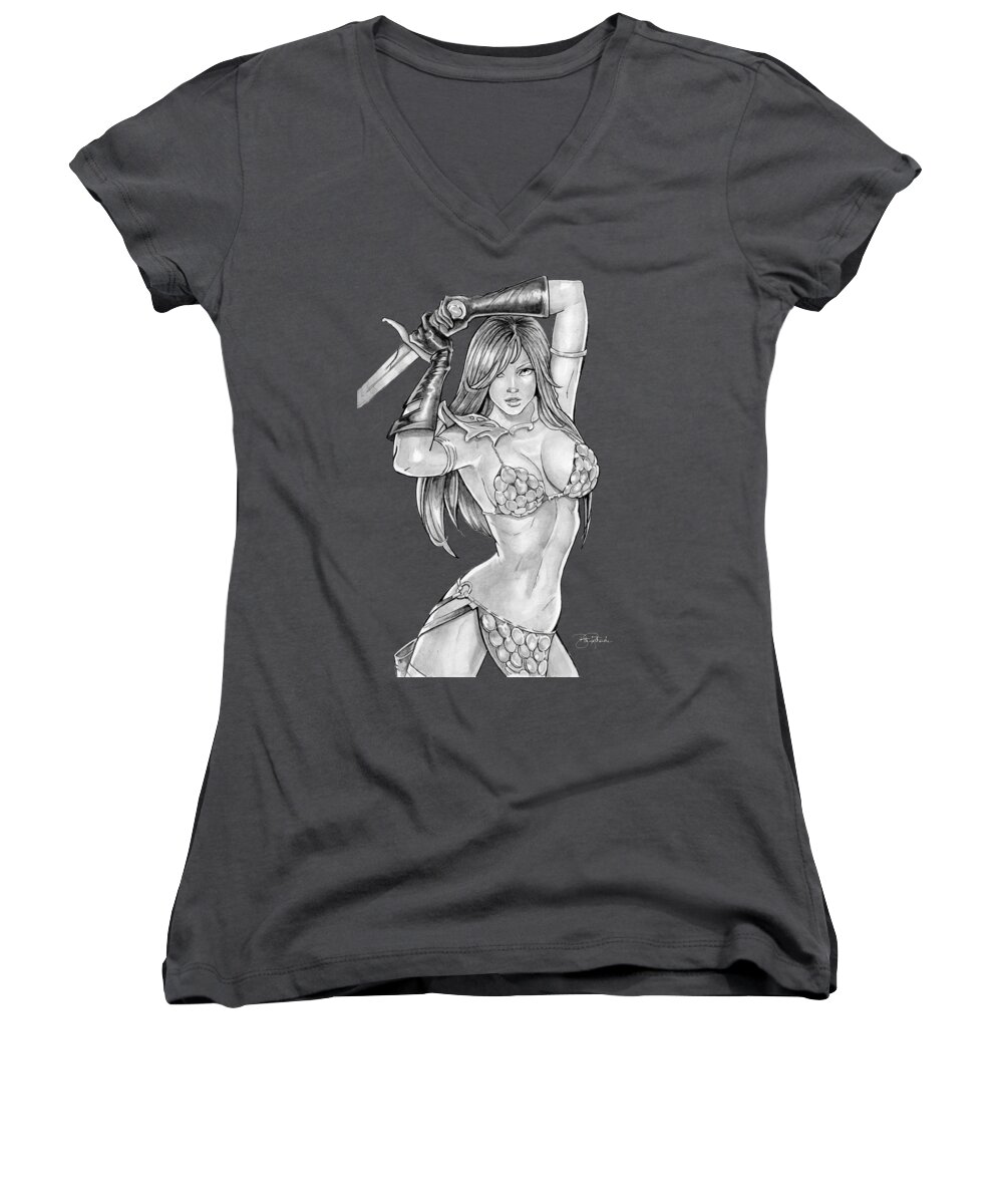 Red Women's V-Neck featuring the drawing Red Sonja #11 by Bill Richards
