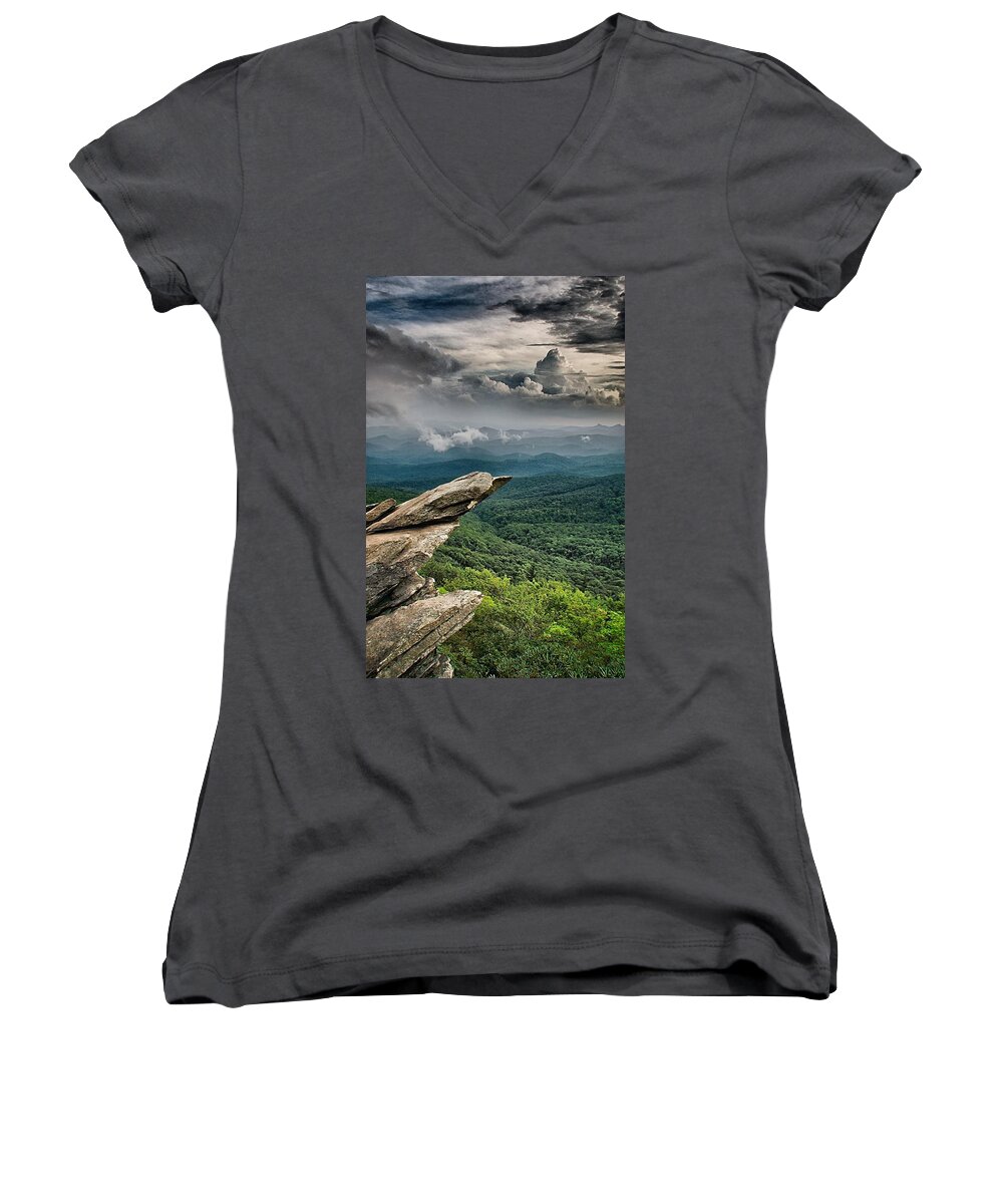 Light Women's V-Neck featuring the photograph Rough Ridge Overlook Viewing Area Off Blue Ridge Parkway Scenery #11 by Alex Grichenko