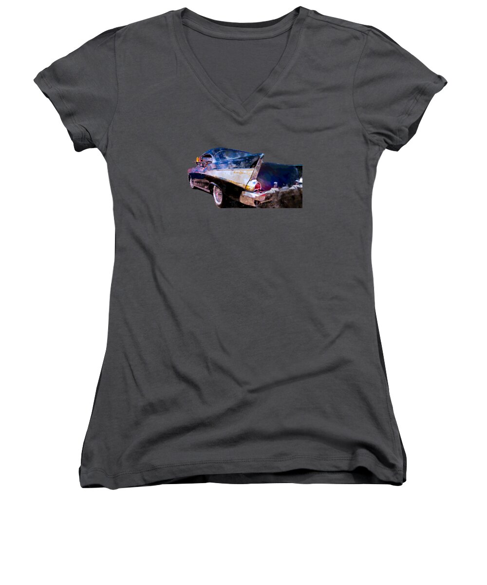 1957 Women's V-Neck featuring the photograph 57 Belair DragOn DriveIn Date Night Saturday Night by Chas Sinklier