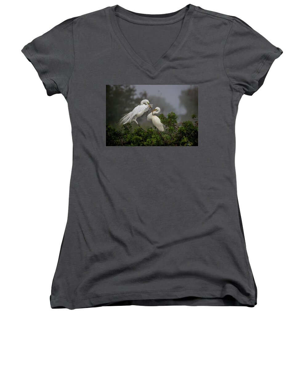 White Egrets Women's V-Neck featuring the photograph A Couple of Birds by Dorothy Cunningham