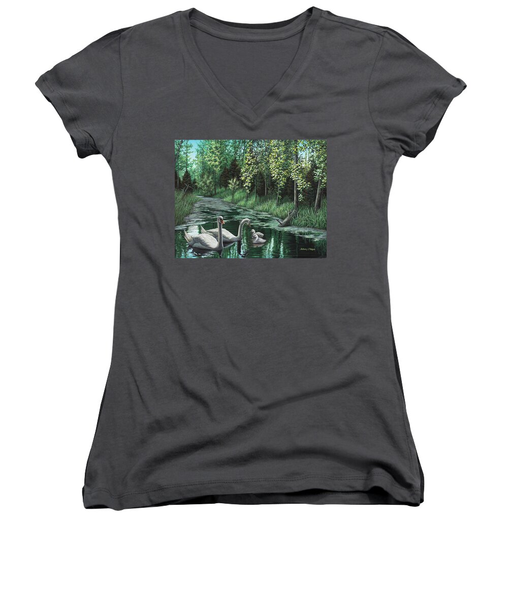 Swan Women's V-Neck featuring the painting A Day Out by Anthony J Padgett