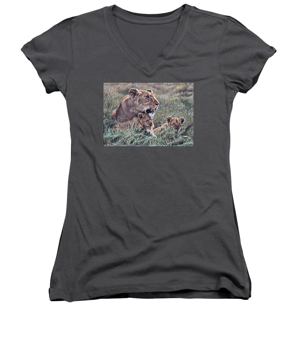 Paintings Women's V-Neck featuring the painting A Quiet Moment Lioness and Lion Cubs by Alan M Hunt