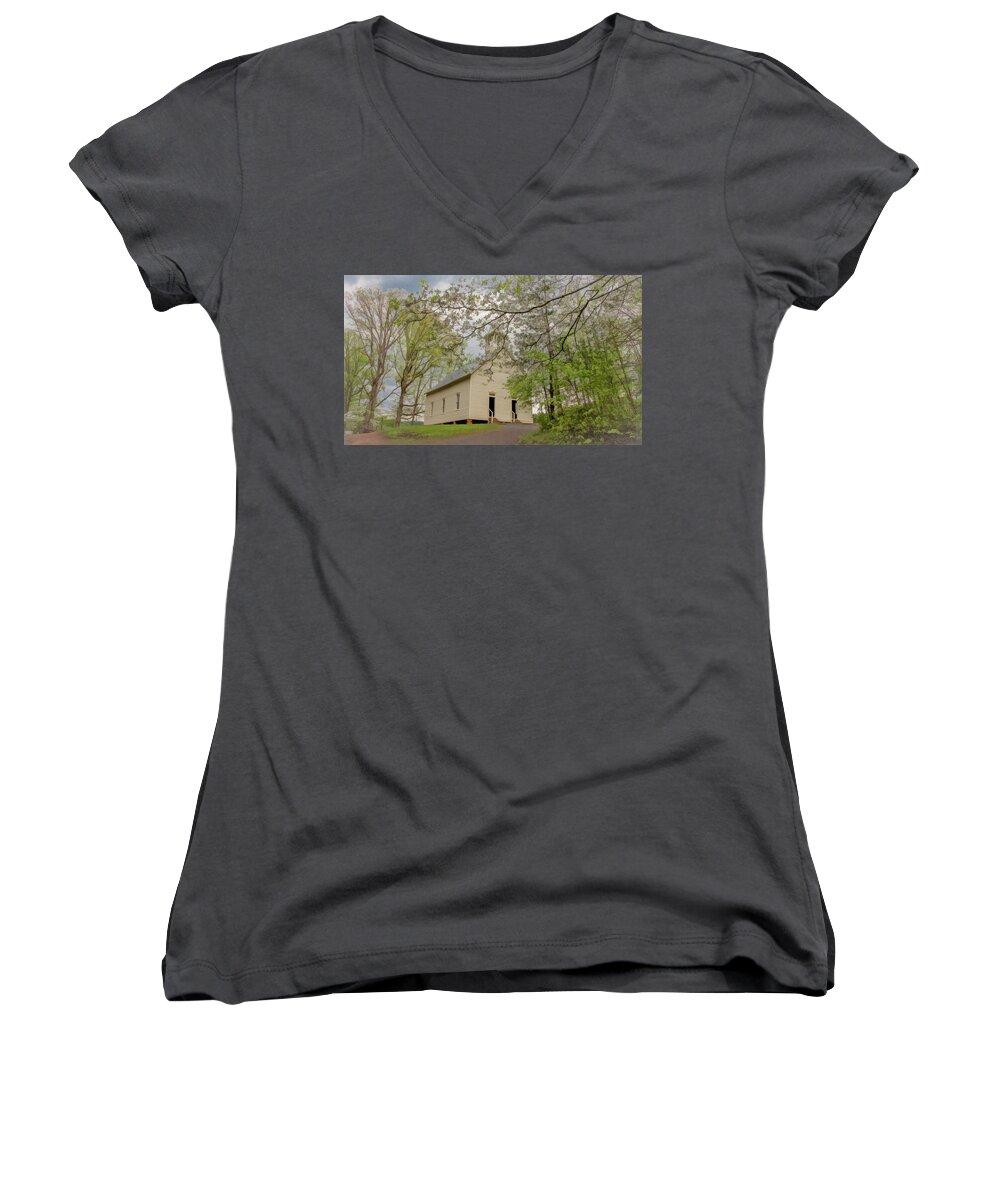 Cades Cove Women's V-Neck featuring the photograph A Soft, Misty, Dogwood Kind of Morning by Marcy Wielfaert