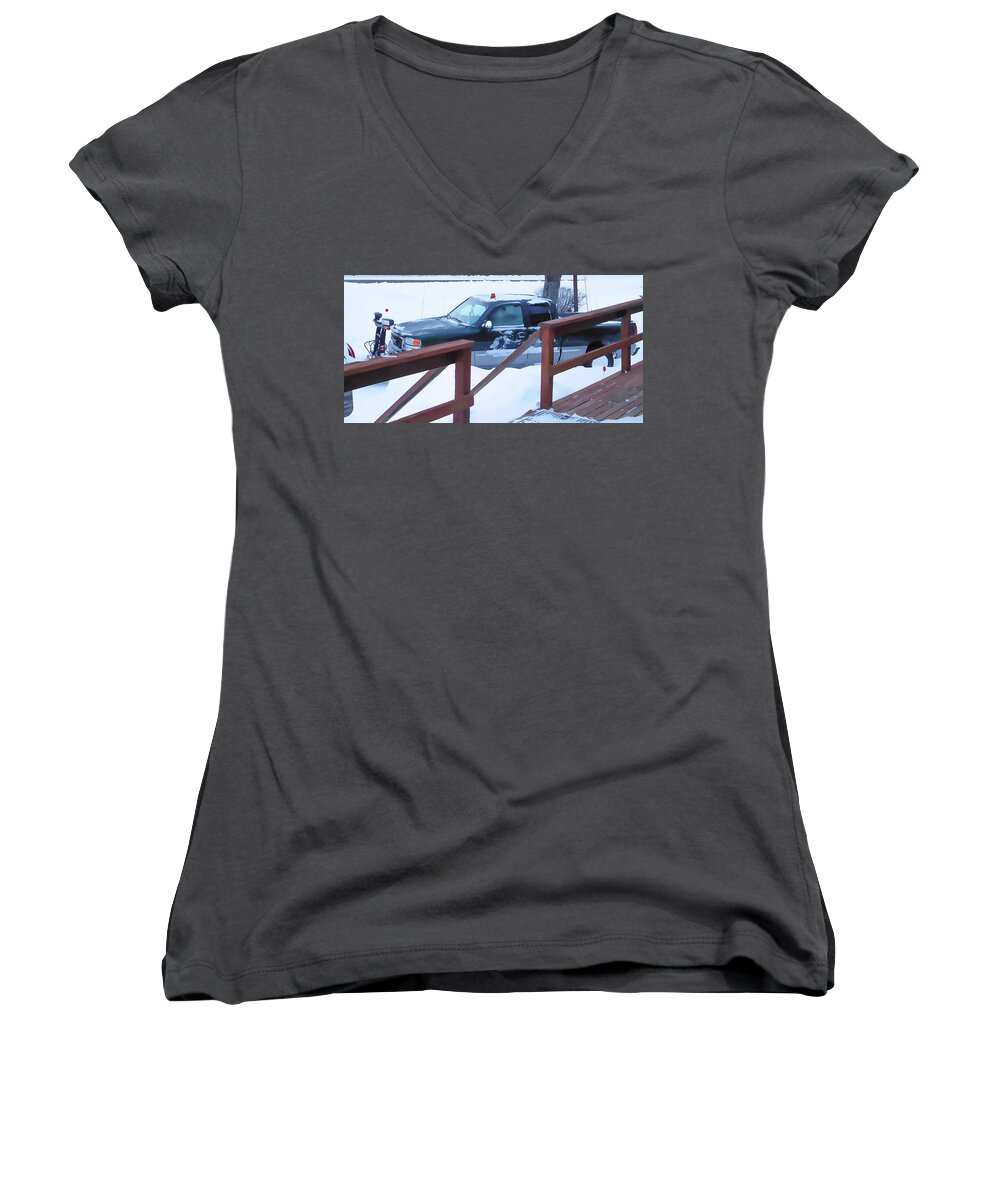 Tractor Cleaning Snow Women's V-Neck featuring the painting A worker plows heavy white snow 2 by Jeelan Clark