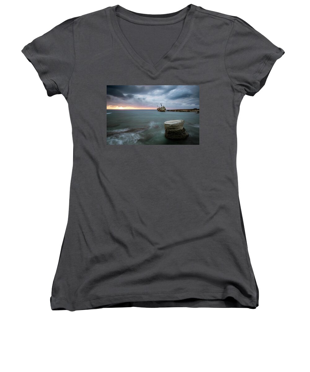 Seascape; Coastline; Sunset; Sundown Women's V-Neck featuring the photograph Abandoned Ship EDRO III Cyprus by Michalakis Ppalis