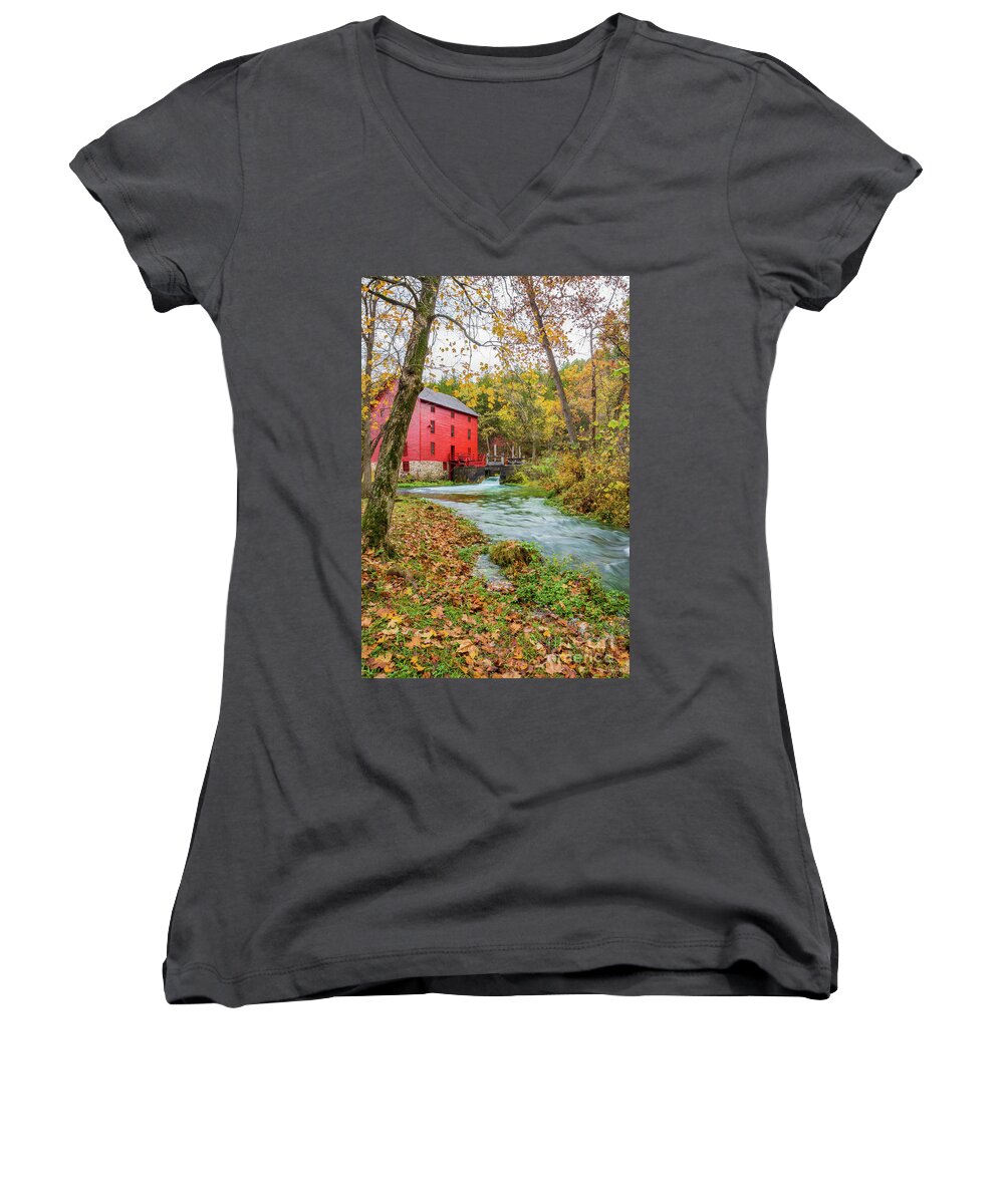 Alley Mill Women's V-Neck featuring the photograph Alley Mill In Autumn by Jennifer White