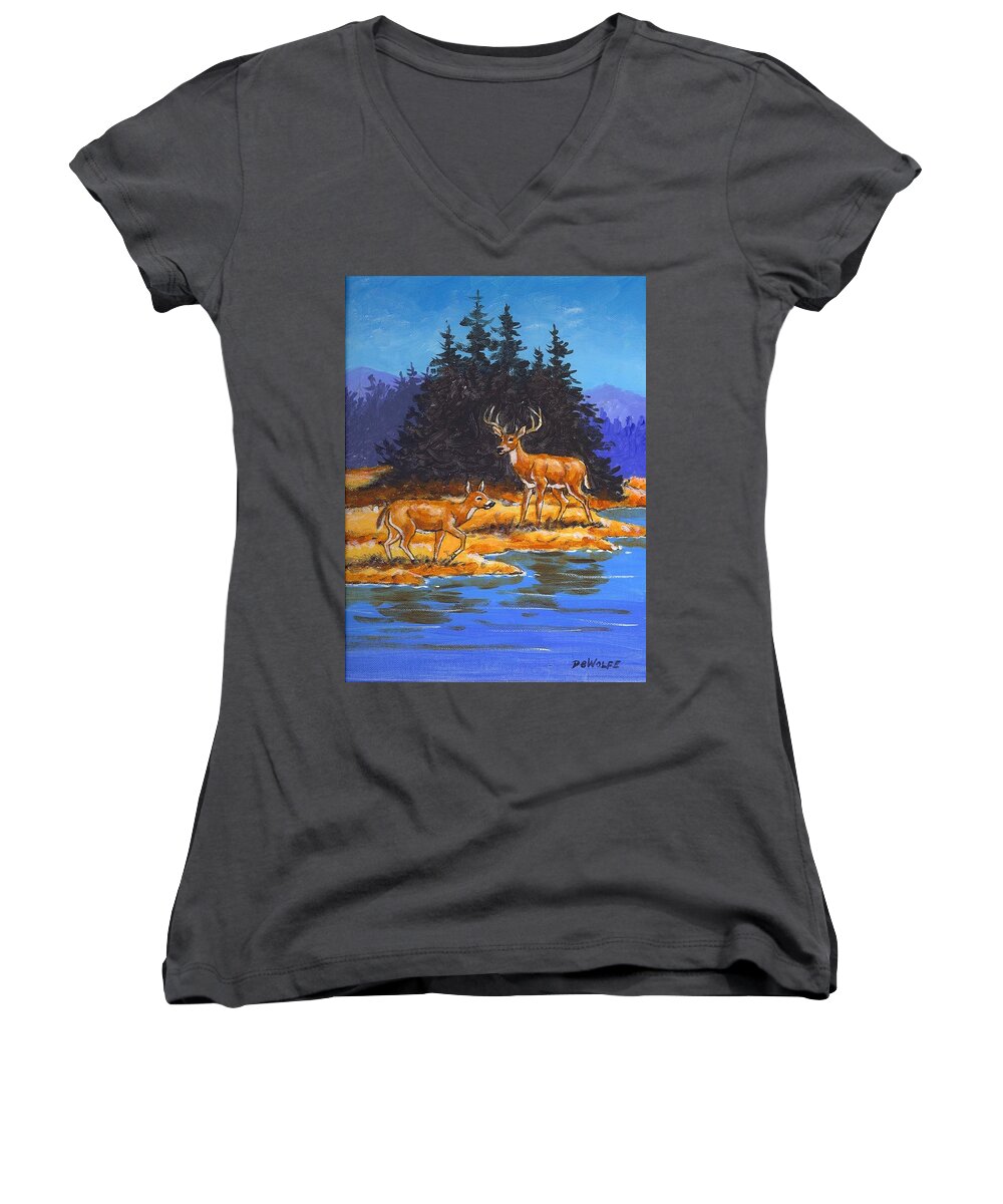White-tail Women's V-Neck featuring the painting Alpine Refuge Sketch by Richard De Wolfe