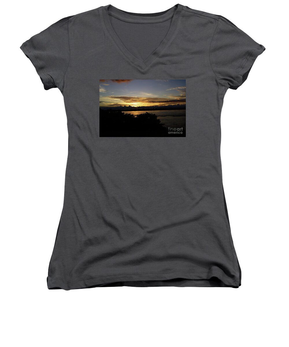 Sunset Women's V-Neck featuring the photograph Amazon Sunset by Cassandra Buckley