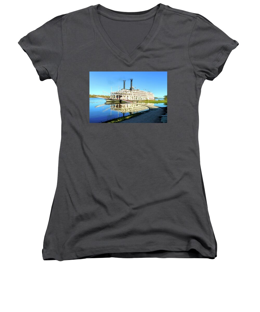David Lawson Photography Women's V-Neck featuring the photograph American Queen Steamboat Reflections on the Mississippi River by David Lawson