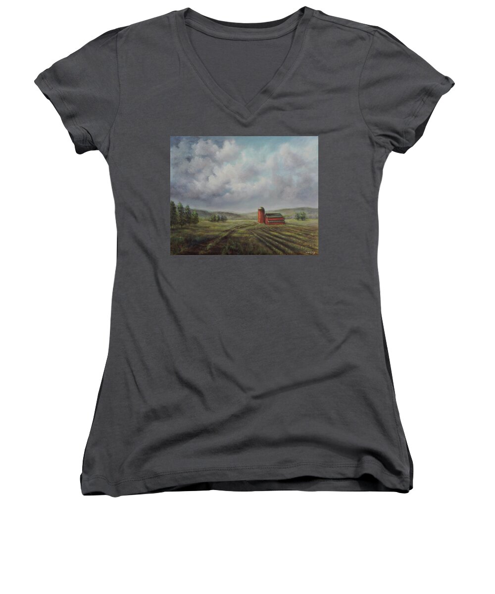 American Landscape Women's V-Neck featuring the painting American scene Red Barn by Katalin Luczay