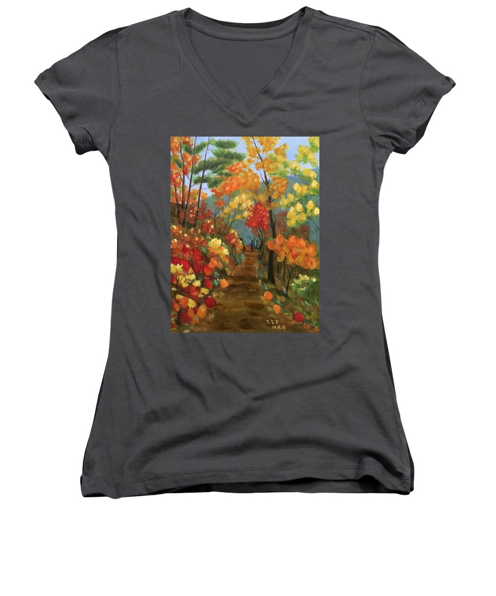 Autumn Women's V-Neck featuring the painting An Autumn Boy by Helian Cornwell
