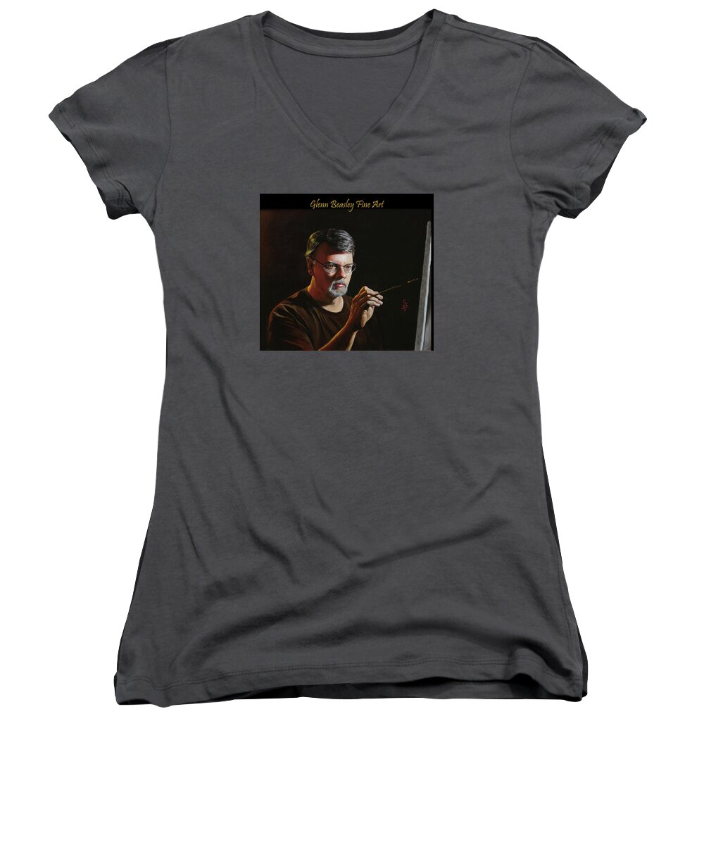 Self Portrait Women's V-Neck featuring the painting At The Easel Self Portrait by Glenn Beasley