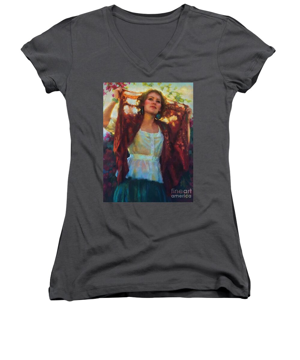Beautiful Woman Women's V-Neck featuring the painting Awaken by Jean Hildebrant