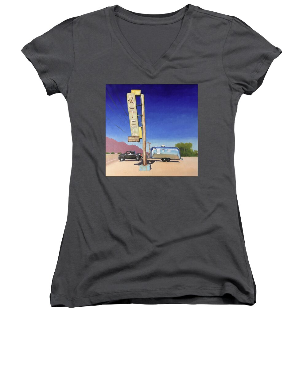 Airstream Women's V-Neck featuring the painting Bagdhad Cafe, Route 66 by Elizabeth Jose