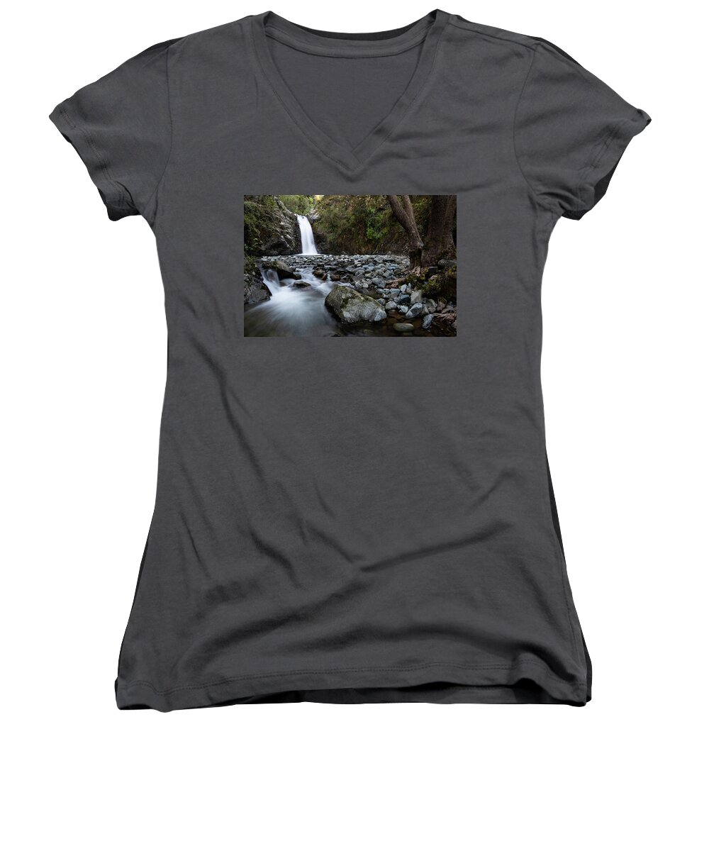 Waterfall Women's V-Neck featuring the photograph Waterfall in the forest. by Michalakis Ppalis