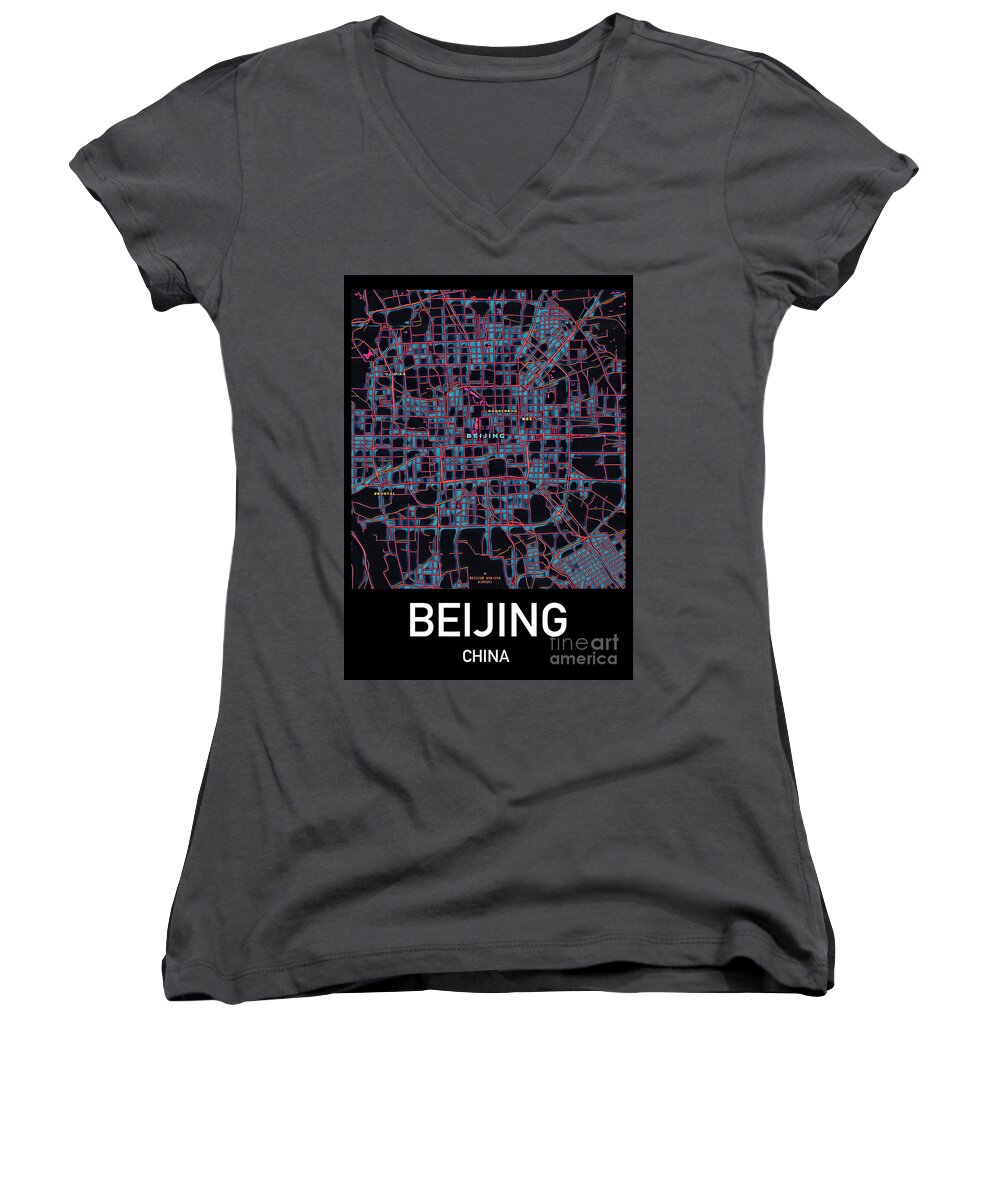 Beijing Women's V-Neck featuring the photograph Beijing City Map by HELGE Art Gallery