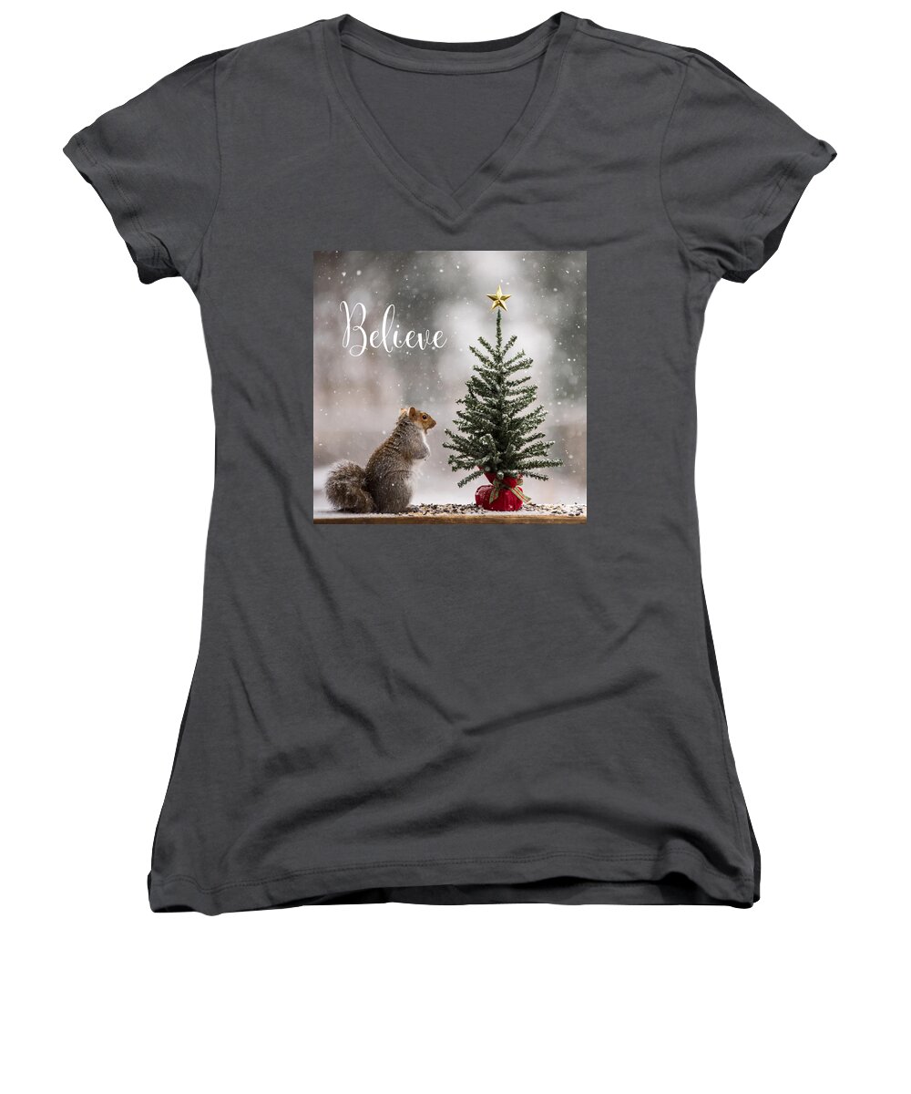 Believe Christmas Tree Squirrel Square Women's V-Neck featuring the photograph Believe Christmas Tree Squirrel Square by Terry DeLuco