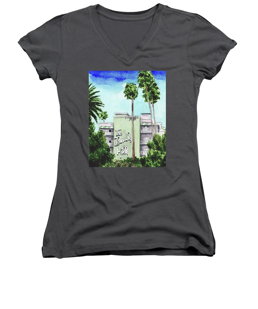 Beverly Hills Women's V-Neck featuring the painting Beverly Hills Hotel LA Hollywood by Laura Row