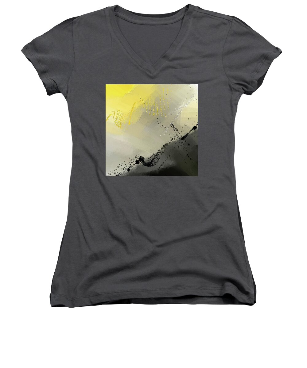 Yellow Women's V-Neck featuring the painting Bit Of Sun - Yellow And Gray Modern Art by Lourry Legarde
