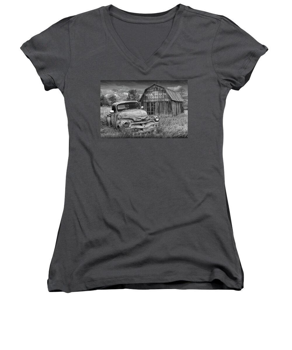 Chevy Women's V-Neck featuring the photograph Black and White of Rusted Chevy Pickup Truck in a Rural Landscape by a Mail Pouch Tobacco Barn by Randall Nyhof