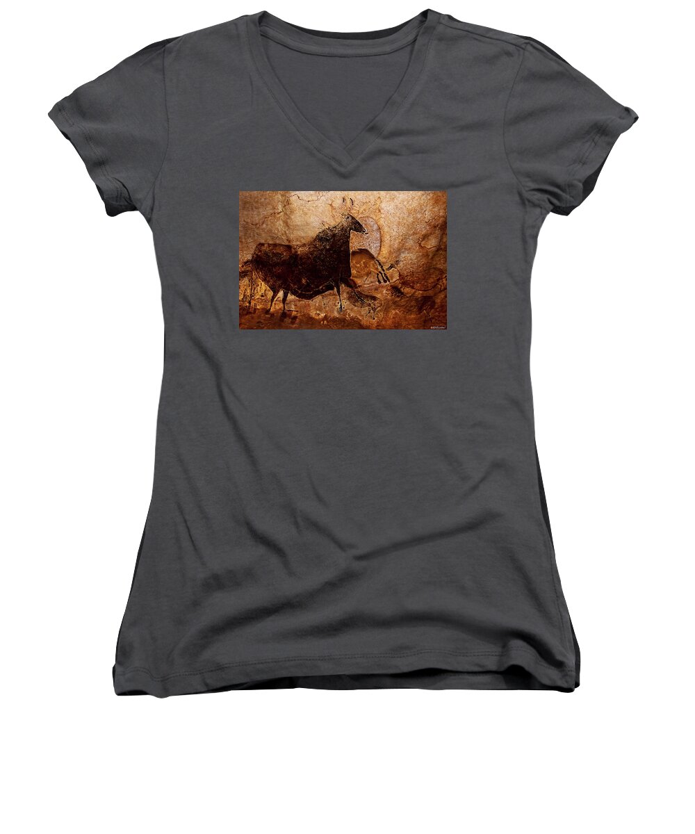 Black Cow Women's V-Neck featuring the digital art Black Cow and Horses by Weston Westmoreland