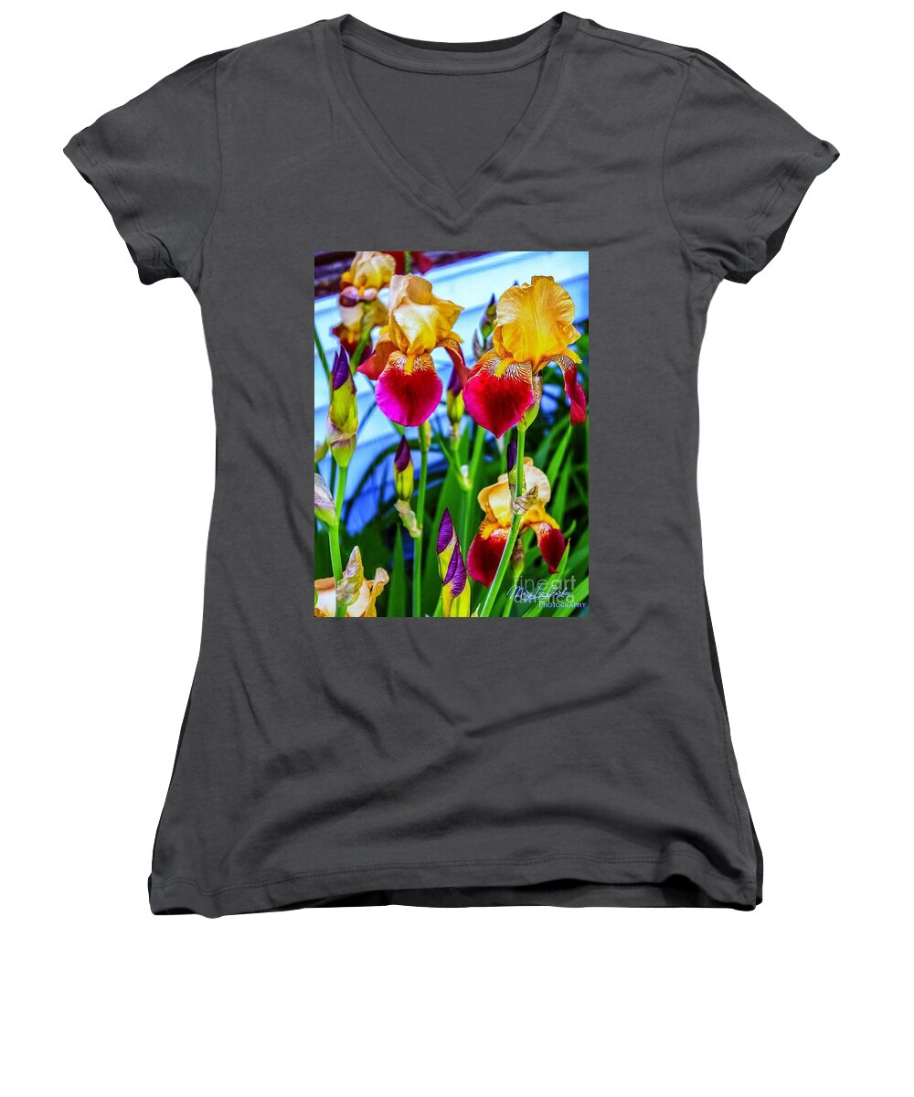 # Blatant Iris# Flowers#season# Spring # Tall# Bearded# Nature #colors # Yellow # Burgundy # Orange #leaves#green # Photography # (c)maryleeparker Mug # Weekend Tote # Shower Curtain #! Duvet Cover # Framed # Print#!greeting Card# Metal # Wood# Yoga Mat # Blanket #  Tapestry # T Stirt# Phone Case# Battery Case# Beach Towel # Tote Bag # Pouch# Round Towel# Notebook Women's V-Neck featuring the photograph Blatant Iris by MaryLee Parker