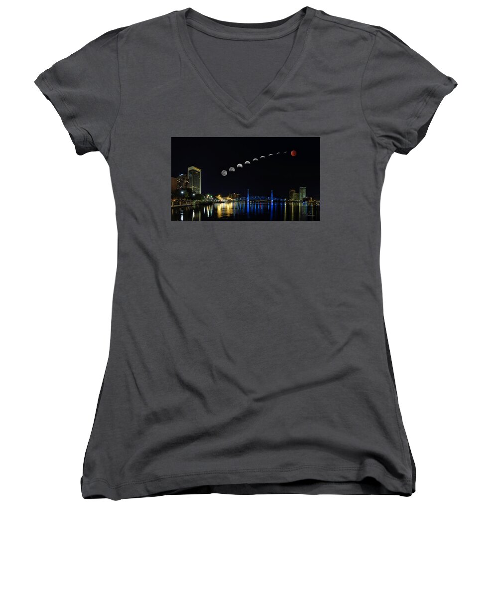Jacksonville Florida Women's V-Neck featuring the photograph Blood Moon over Jacksonville by Randall Allen