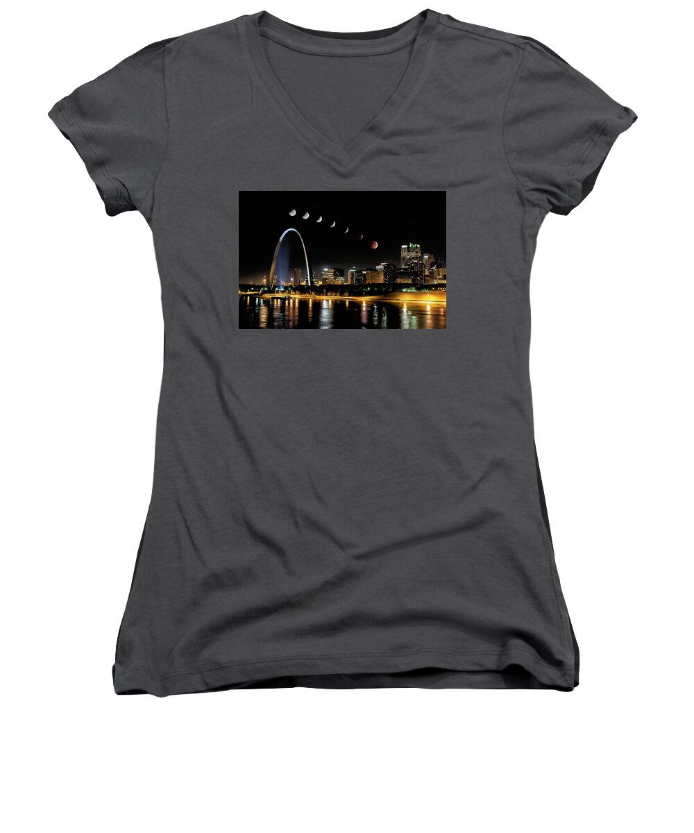 Arch Waterfront Women's V-Neck featuring the photograph Blood Moon over St. Louis 2 by Randall Allen