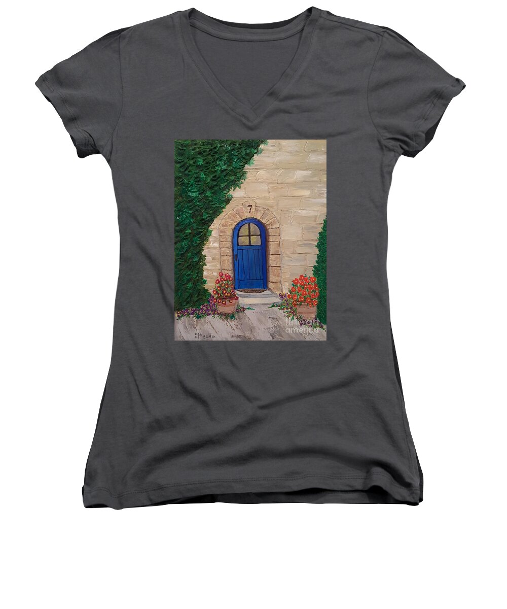 Doors Women's V-Neck featuring the painting Blue Door by Elizabeth Mauldin