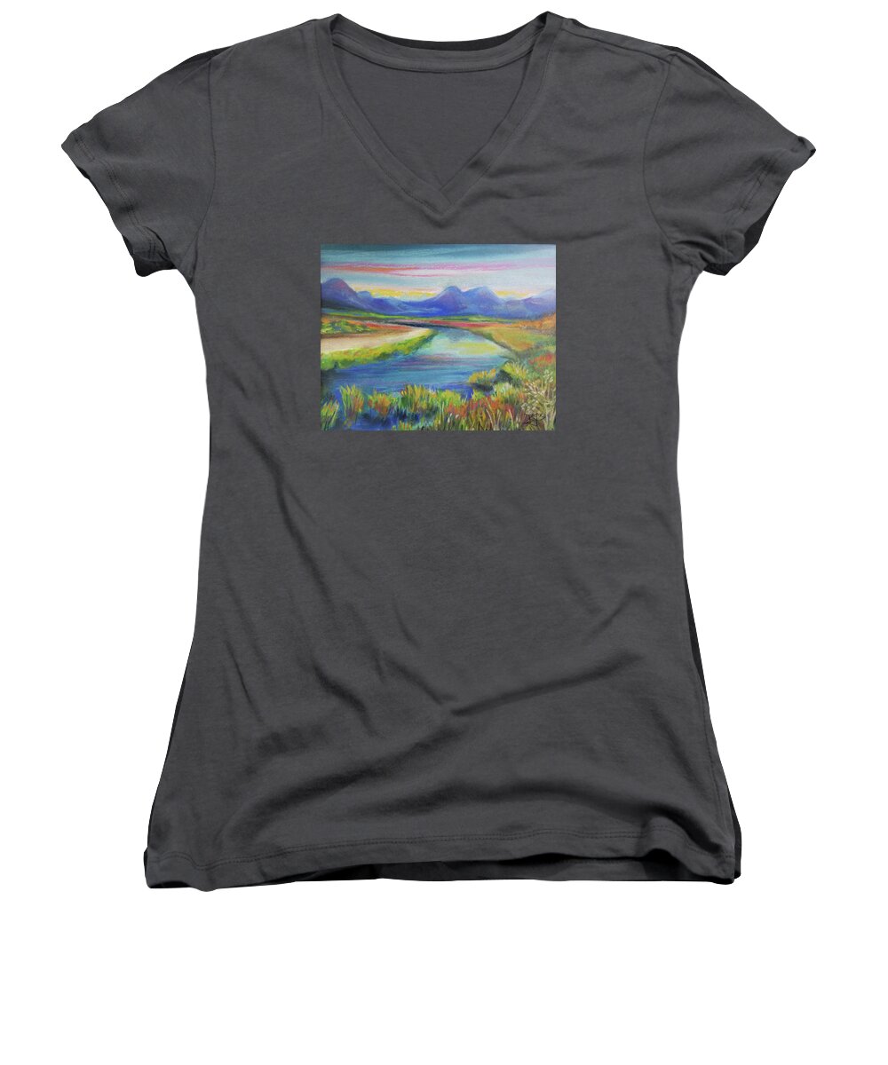 Colorful Landscape Women's V-Neck featuring the pastel Blue River by Jean Batzell Fitzgerald