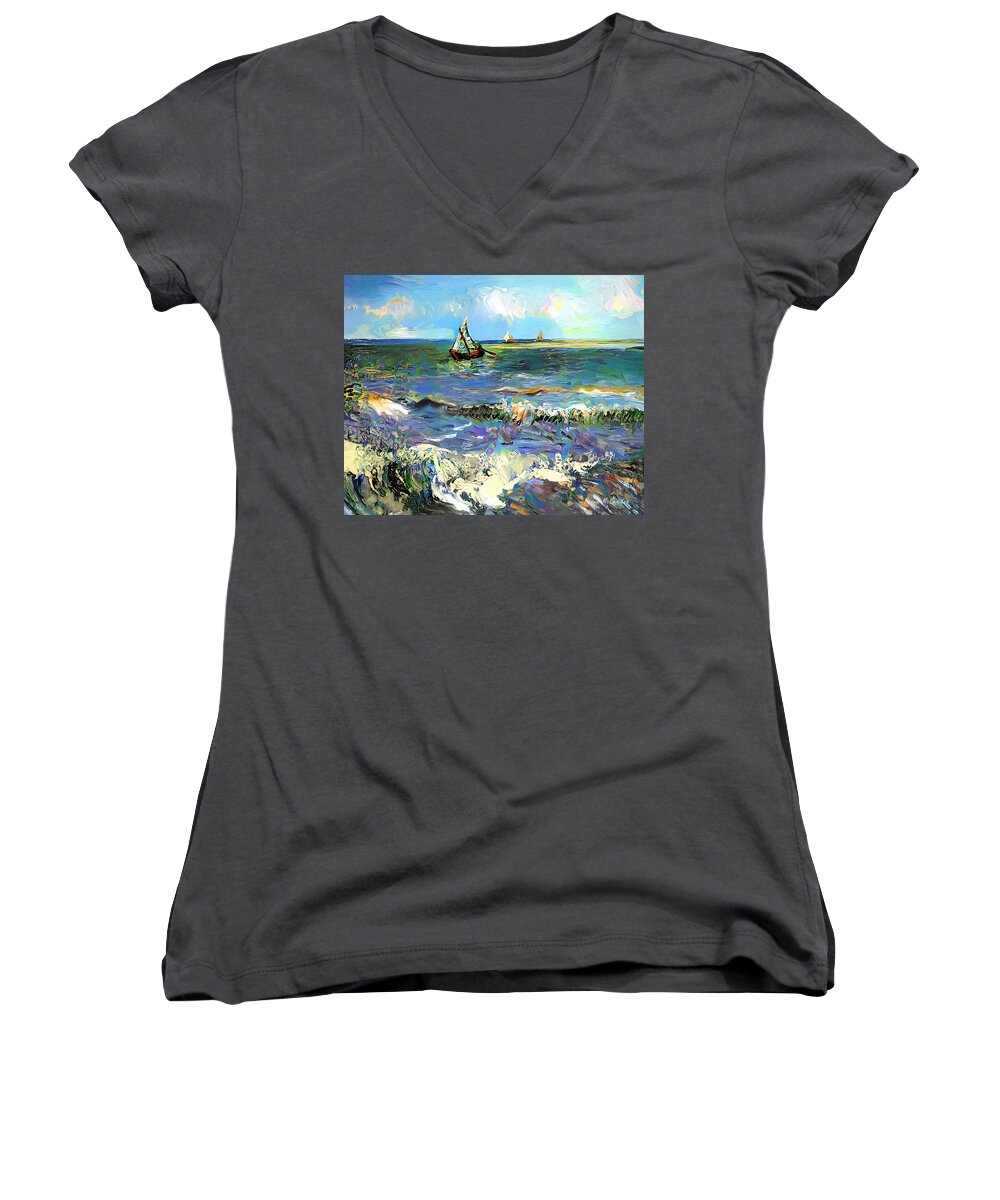 Boats Women's V-Neck featuring the digital art Boats on the Sea by Pennie McCracken