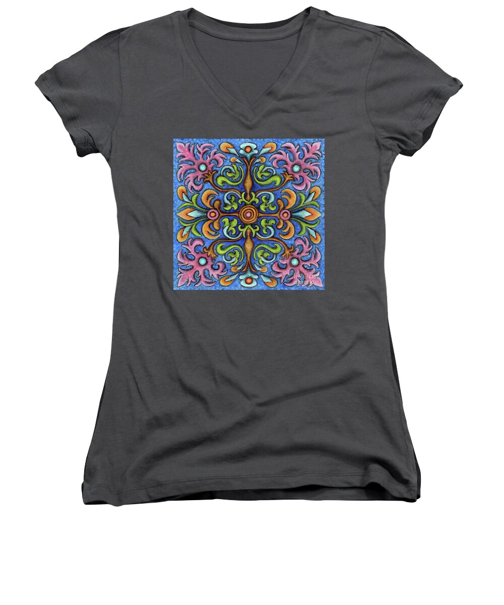 Ornamental Women's V-Neck featuring the painting Botanical Mandala 2 by Amy E Fraser