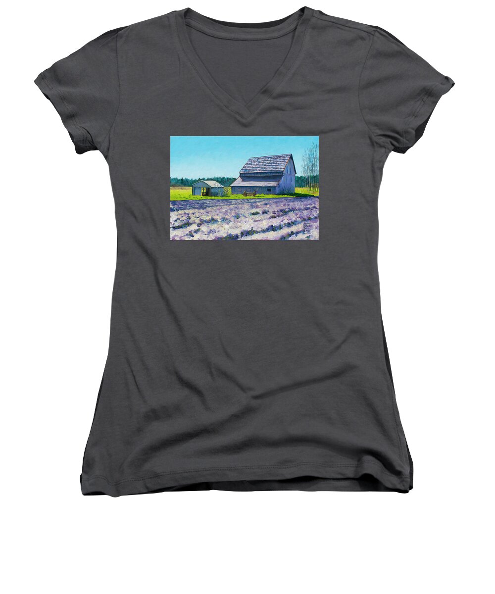 Landscape Women's V-Neck featuring the painting Boyer Barn by Stacey Neumiller