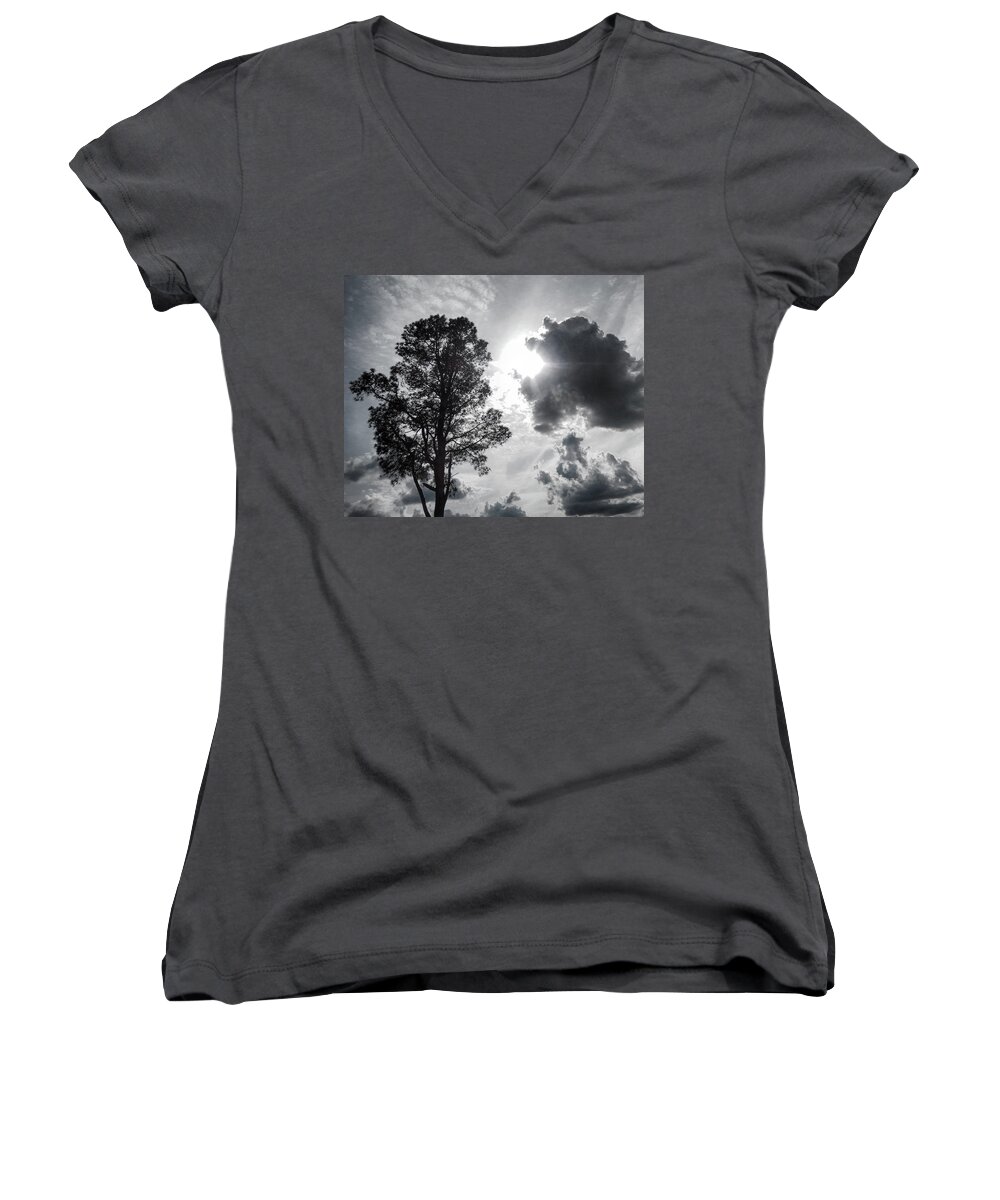 Black & White Women's V-Neck featuring the photograph Breaking Through the Clouds by Michael Frank