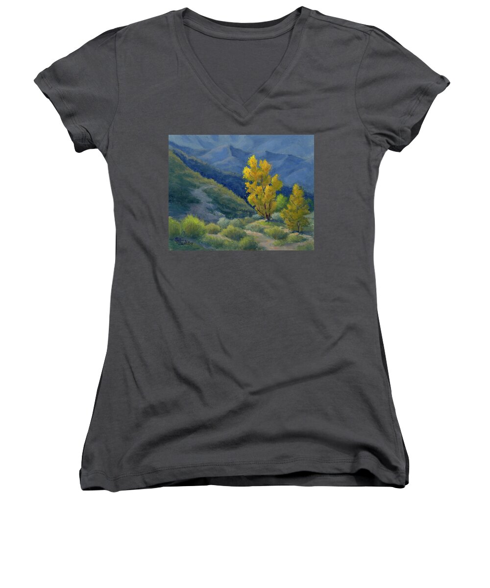 Cottonwood Trees Women's V-Neck featuring the painting Brilliance by Sandy Fisher