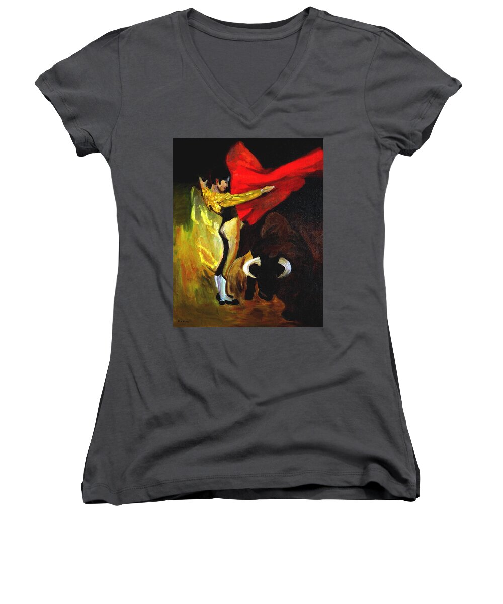 Matador Women's V-Neck featuring the painting Bullfighter by Mary Krupa by Bernadette Krupa