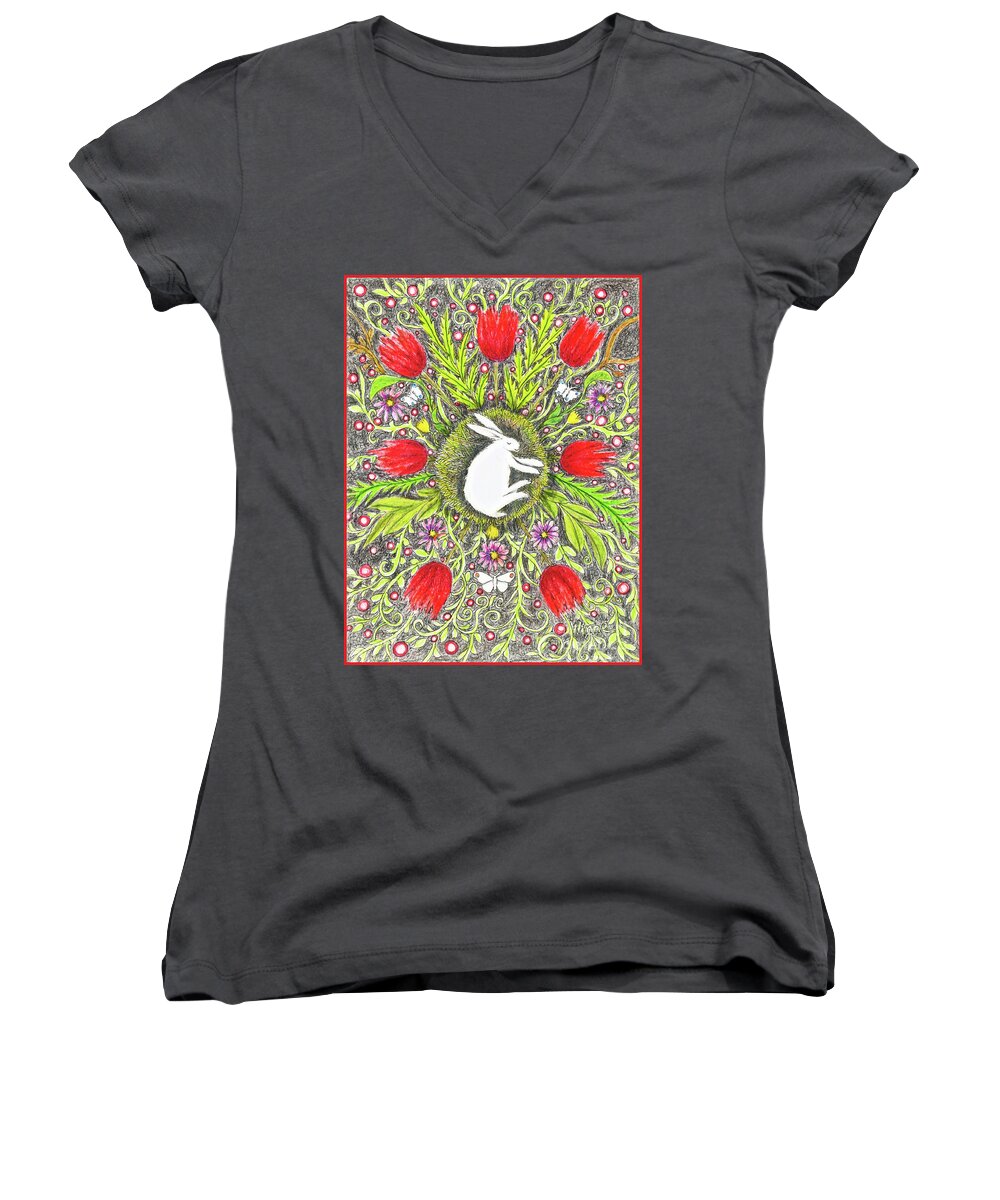 Lise Winne Women's V-Neck featuring the painting Bunny Nest with Red Flowers and White Butterflies by Lise Winne