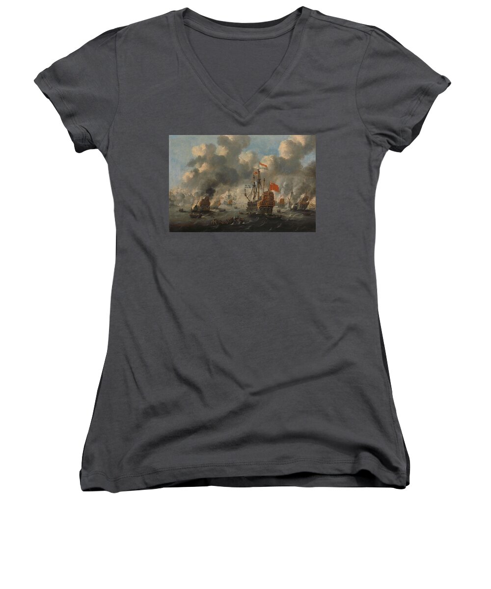 Oil On Panel Women's V-Neck featuring the painting Burning of the English Fleet at Chatham, 20 June 1667 -Raid on the Medway-. by Peter van de Velde
