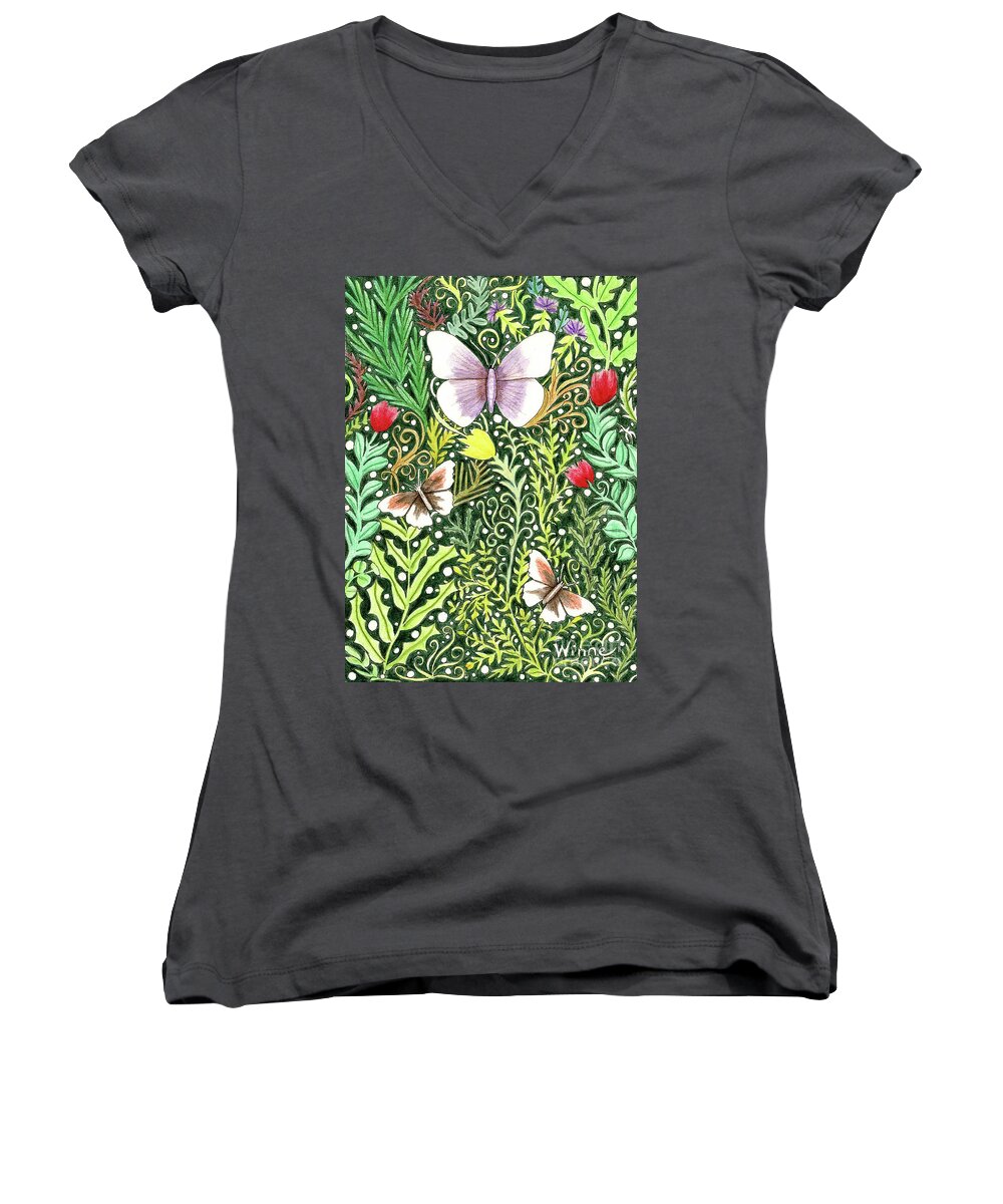 Lise Winne Women's V-Neck featuring the painting Butterflies in the Millefleurs by Lise Winne