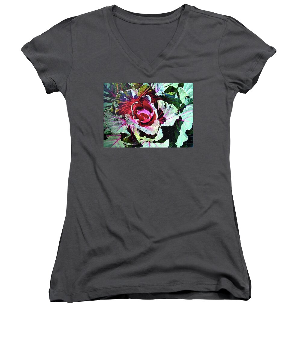 Still-life Women's V-Neck featuring the painting Cabbage by John Dyess