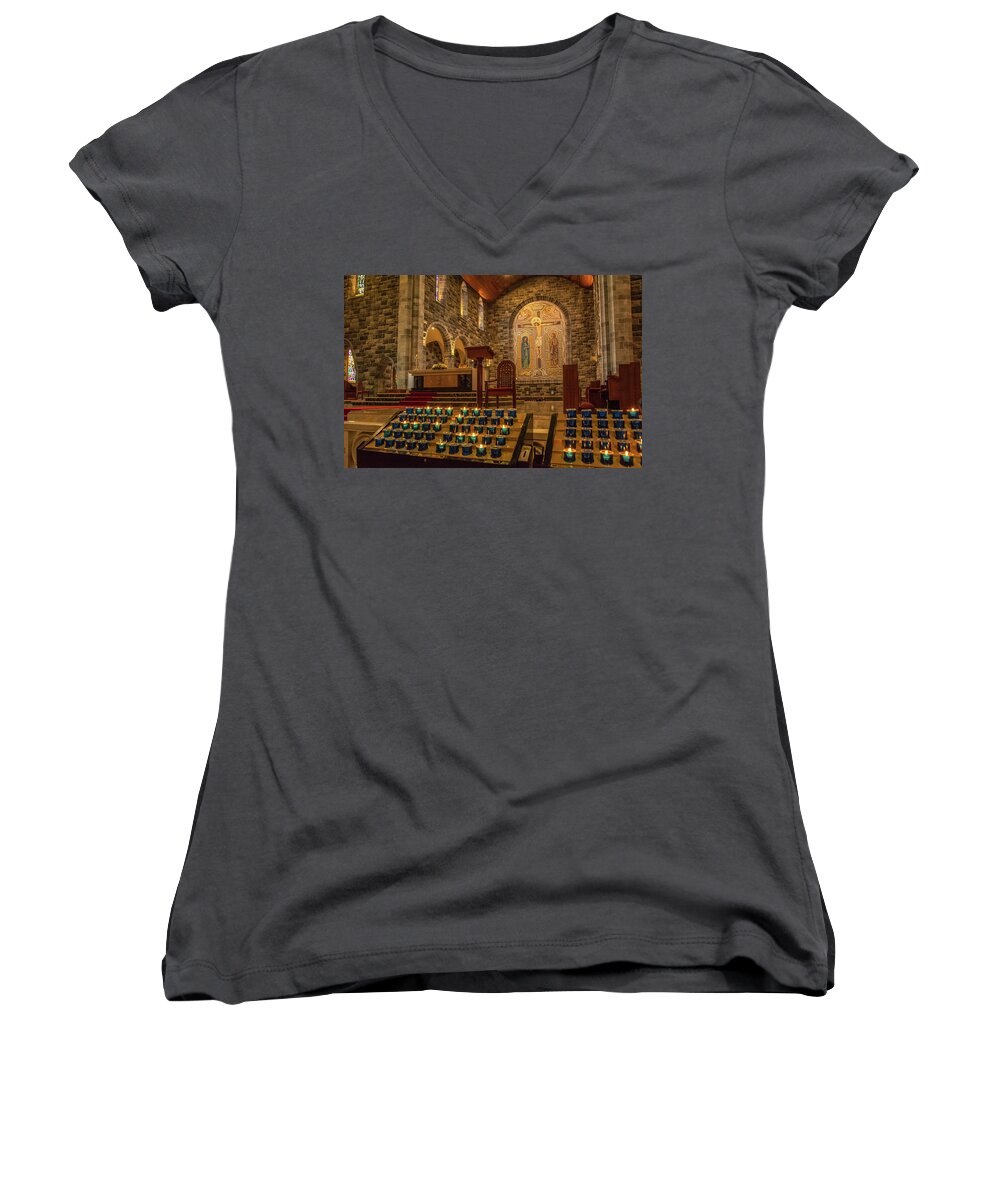 Gallway Cathedral Women's V-Neck featuring the photograph Candles and Prayers, Galway Cathedral by Marcy Wielfaert