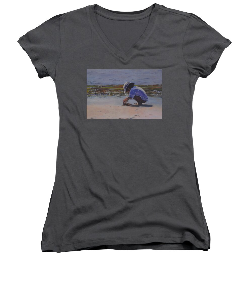 Cape Cod Boy Women's V-Neck featuring the painting Cape Cod Boy by Beth Riso