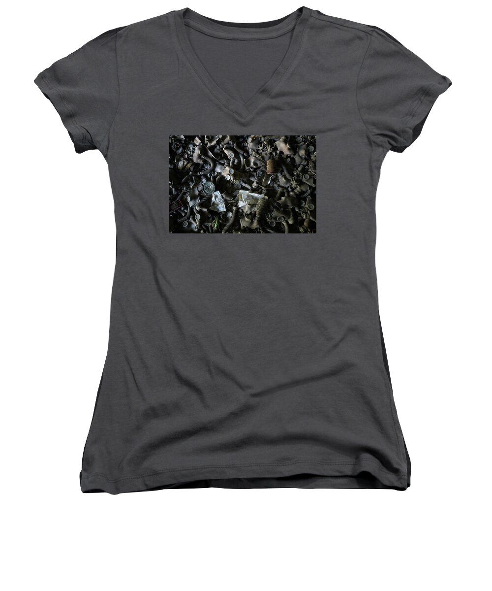 Abandoned Women's V-Neck featuring the photograph Chernobyl Gas Masks by Roman Robroek