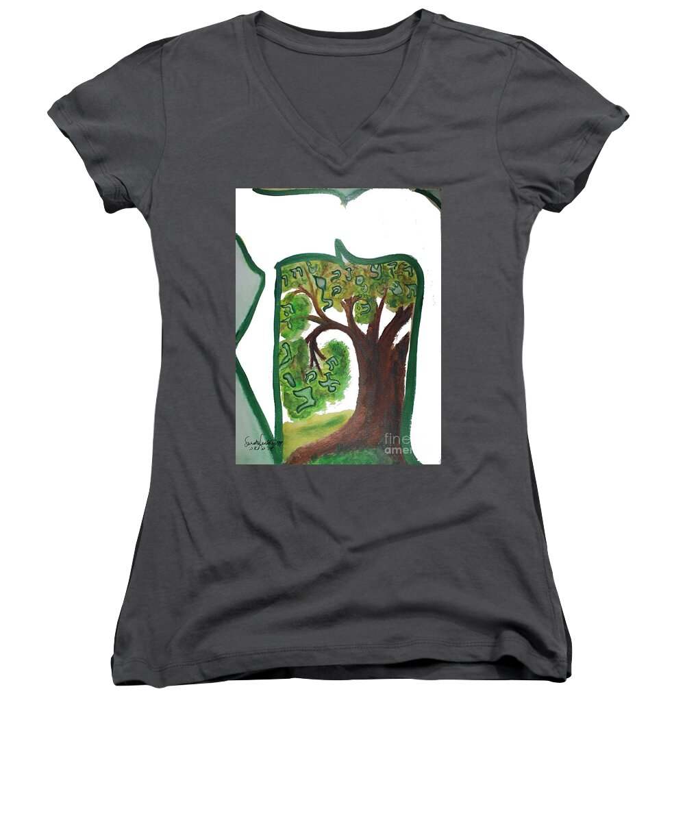 Chet Women's V-Neck featuring the painting CHET, tree of life ab21 by Hebrewletters SL